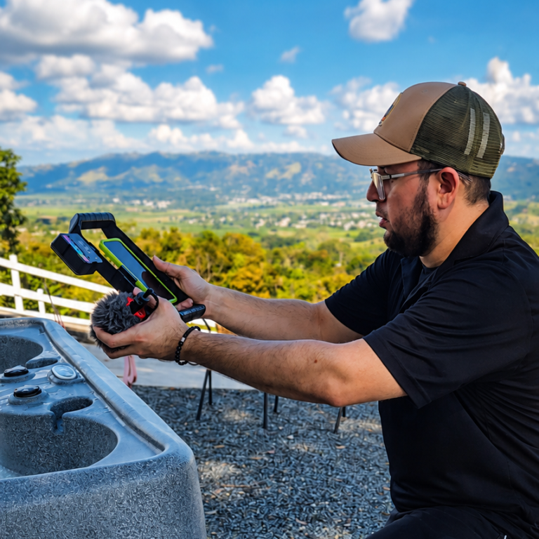 Profesional de mercadeo digital y producción audiovisual trabajando en creación de contenido con equipo de grabación en un paisaje montañoso.